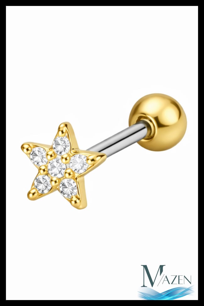 Yıldız Taşlı Tragus Piercing | 316L Cerrahi Çelik | Gold Renk | 1 Adet