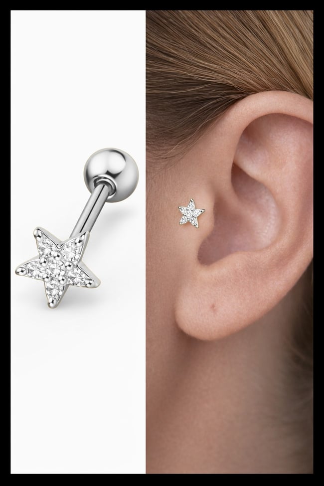 Yıldız Taşlı Tragus Piercing | 316L Cerrahi Çelik | Gümüş Renk | 1 Adet
