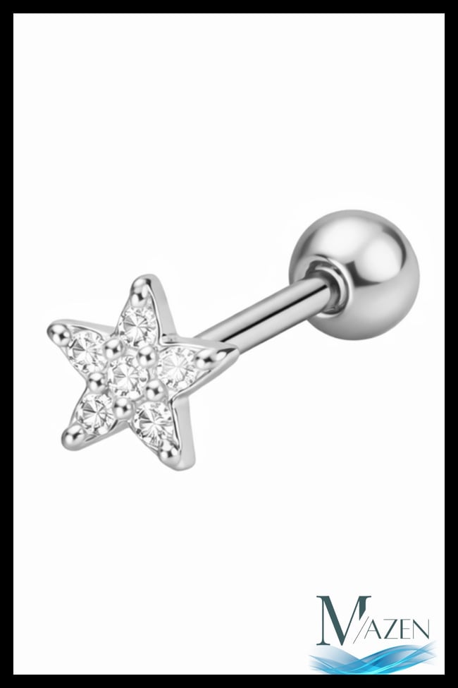 Yıldız Taşlı Tragus Piercing | 316L Cerrahi Çelik | Gümüş Renk | 1 Adet