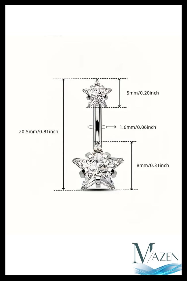 Yıldız Zirkon Taşlı Göbek Piercing | 316L Çelik | Kadın Takı Aksesuar | Pirsing