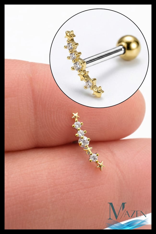 Yıldızlı Zirkon Taşlı Tragus Helix Piercing | Kavisli Figür | Çelik Bar | Kadın Takı