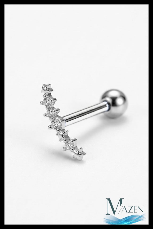 Yıldızlı Zirkon Taşlı Tragus Helix Piercing | Kavisli Figür | Çelik Bar | Kadın Takı