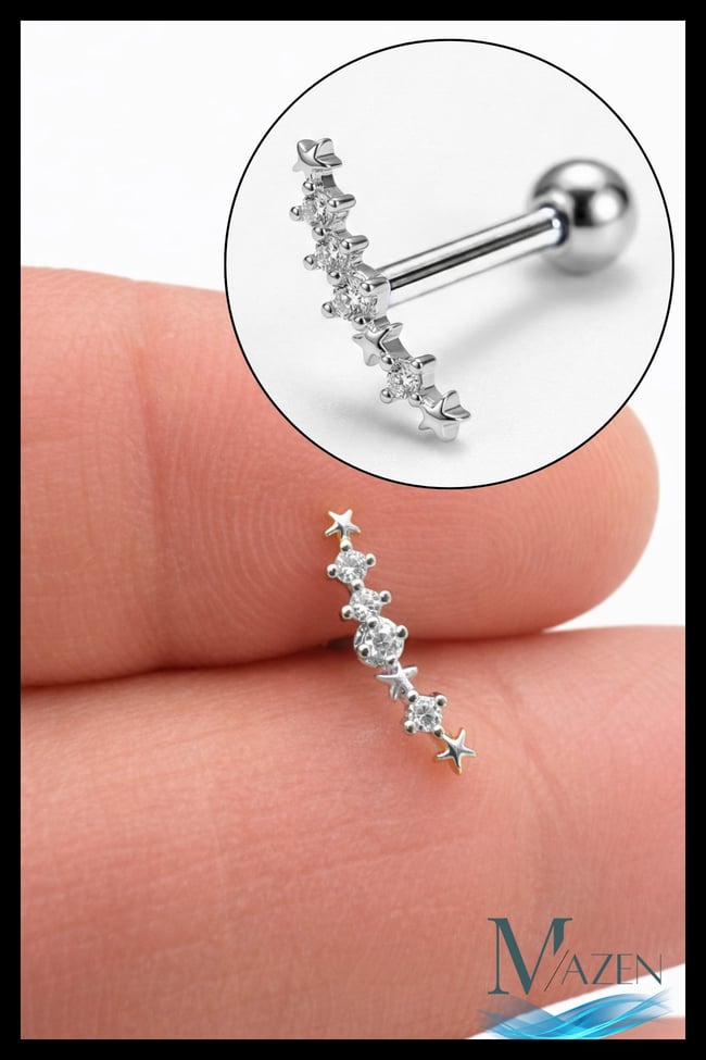 Yıldızlı Zirkon Taşlı Tragus Helix Piercing | Kavisli Figür | Çelik Bar | Kadın Takı