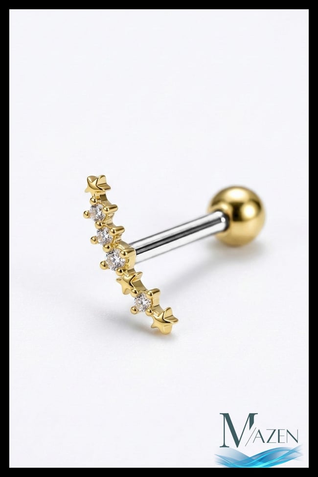 Yıldızlı Zirkon Taşlı Tragus Helix Piercing | Kavisli Figür | Çelik Bar | Kadın Takı