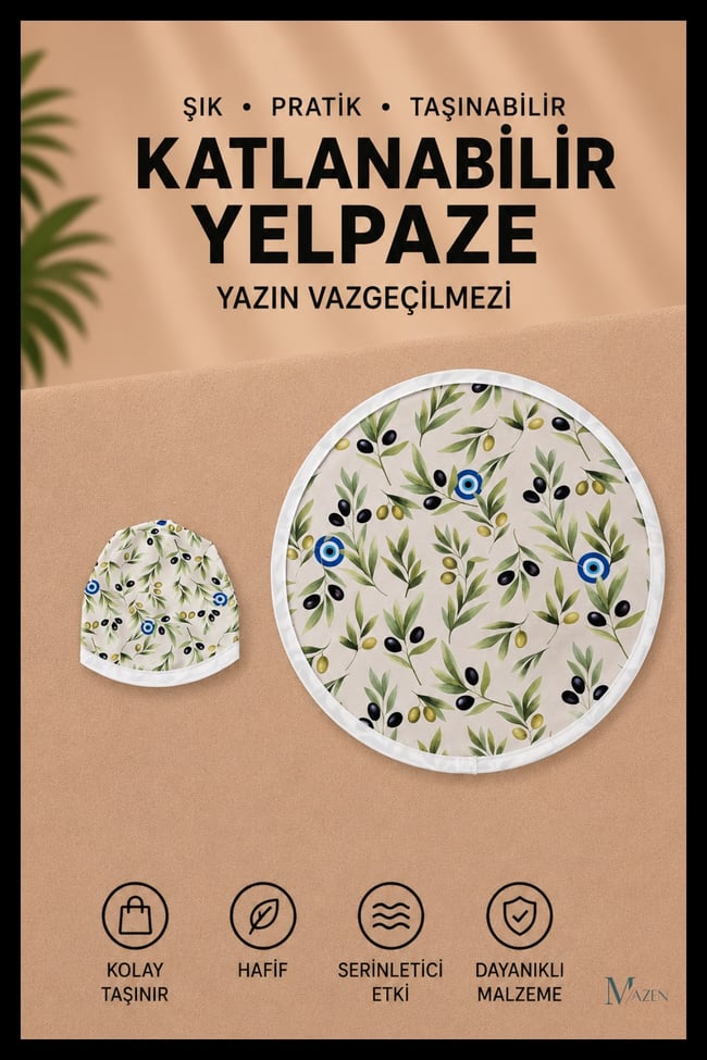 Zeytin Desenli Katlanabilir Yuvarlak Yazlık Taşınabilir El Yelpazesi