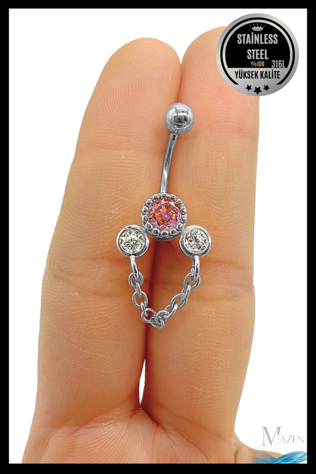 Zincir Detaylı Sallantılı Göbek Piercing | 316L Çelik | Taşlı | Kadın Takı Aksesuar | Pirsing