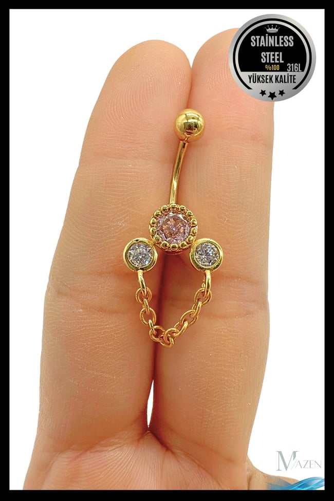 Zincir Detaylı Sallantılı Göbek Piercing | 316L Çelik | Taşlı | Kadın Takı Aksesuar | Pirsing
