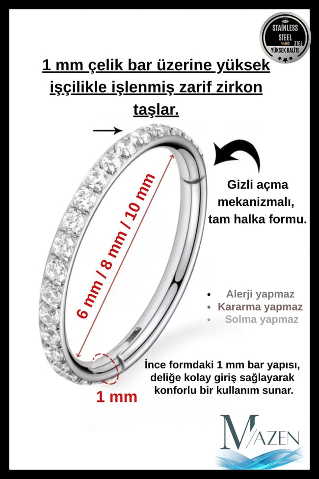 Zirkon Taşlı 1 mm İnce Bar | Tam Tur Halka Klipsli Piercing | Cerrahi Çelik | ( Beden Seçiniz)