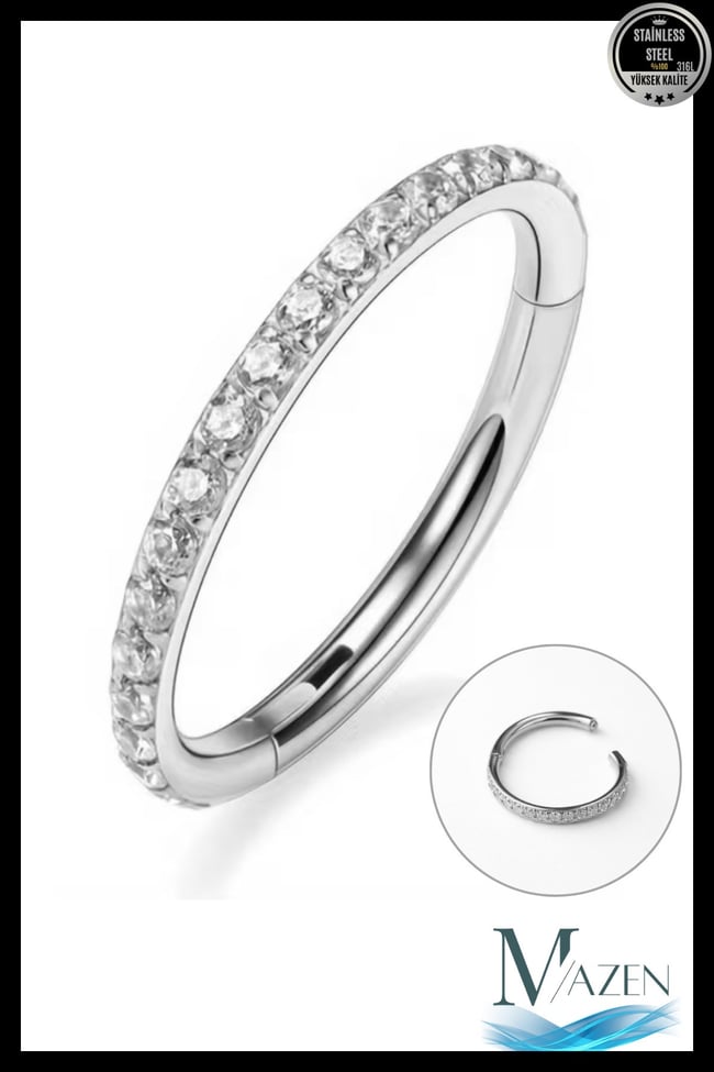Zirkon Taşlı 1 mm İnce Bar | Tam Tur Halka Klipsli Piercing | Cerrahi Çelik | ( Beden Seçiniz)