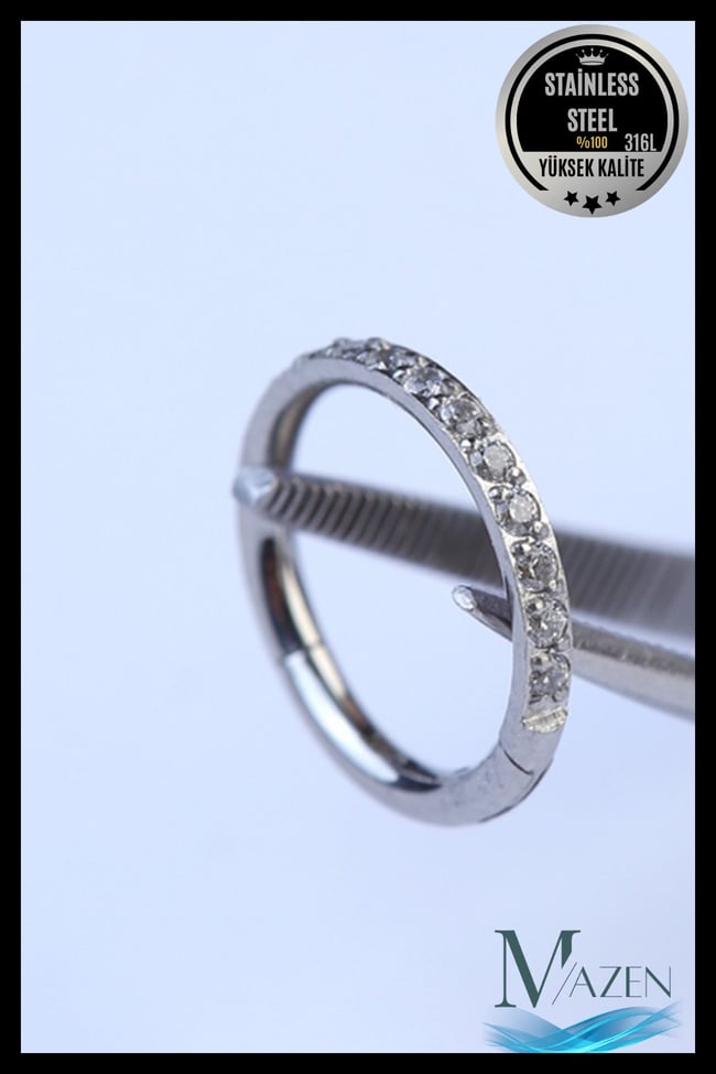 Zirkon Taşlı 1 mm İnce Bar | Tam Tur Halka Klipsli Piercing | Cerrahi Çelik | ( Beden Seçiniz)