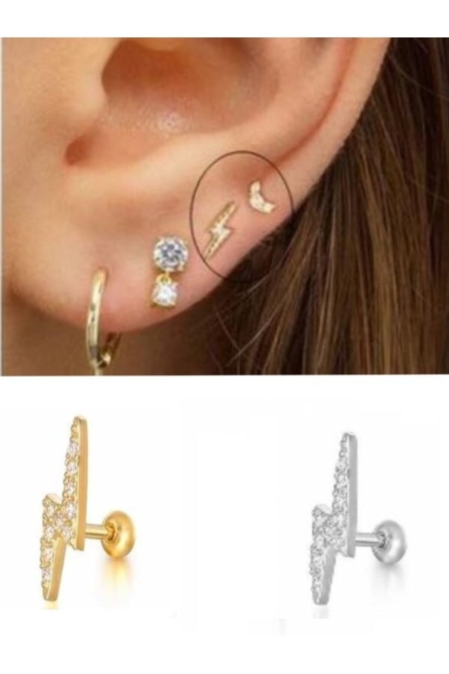 Zirkon Taşlı Gümüş Şimşek Figürlü Tragus Helix Piercing Kıkırdak Küpesi 1 Adet