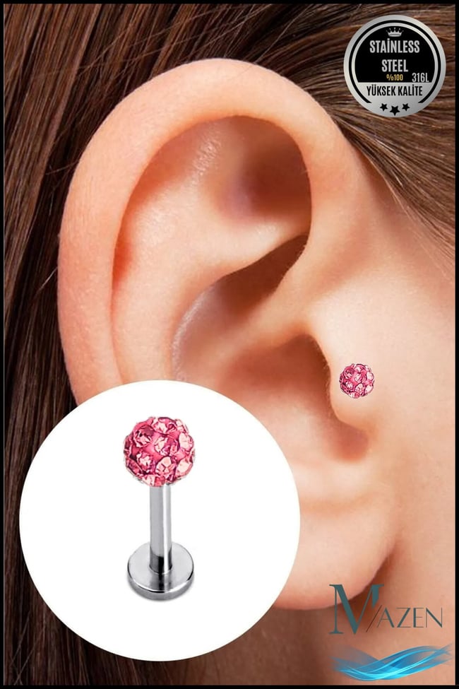 Zirkon Taşlı Piercing | 8 Mm Fuşya | Kararmaz Çelik | Kıkırdak Tragus Dudak | Tek Toplu