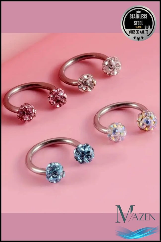 Zirkon Taşlı Piercing | 8 Mm Kırmızı | Kararmaz Çelik | Kıkırdak Tragus Dudak | Çift Toplu