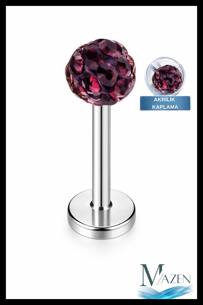 Zirkon Taşlı Piercing | 8 Mm Mürdüm | Kararmaz Çelik | Kıkırdak Tragus Dudak | Tek Toplu