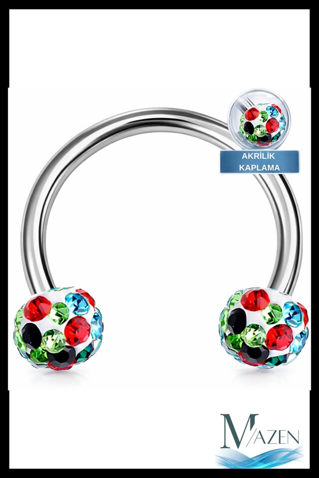 Zirkon Taşlı Piercing | 8 Mm Renkli | Kararmaz Çelik | Kıkırdak Tragus Dudak | Çift Toplu