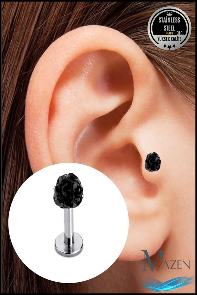 Zirkon Taşlı Piercing | 8 Mm Siyah | Kararmaz Çelik | Kıkırdak Tragus Dudak | Tek Toplu