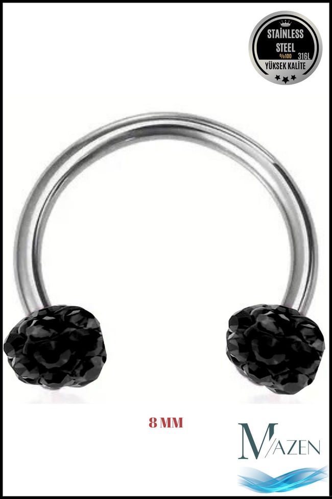 Zirkon Taşlı Piercing | 8 Mm Siyah | Kararmaz Çelik | Kıkırdak Tragus Dudak | Çift Toplu