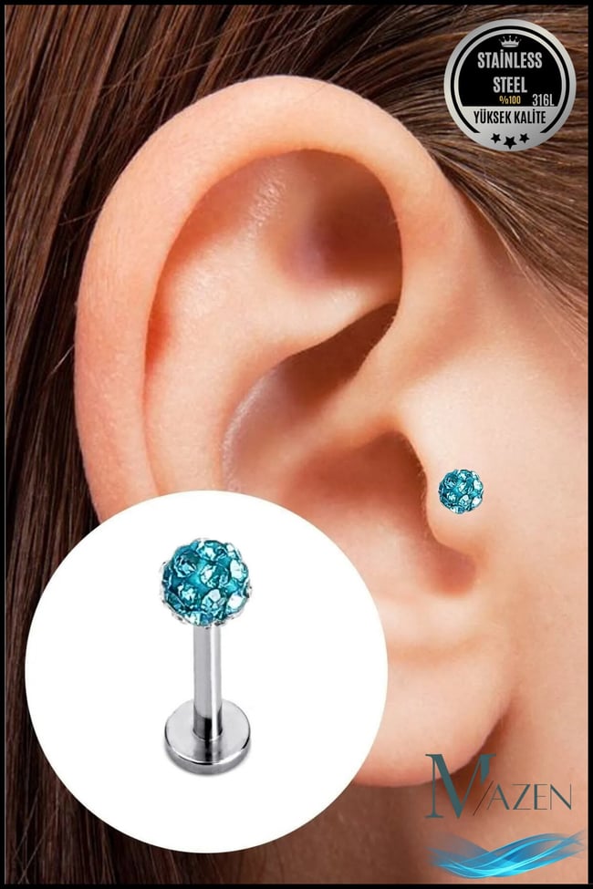 Zirkon Taşlı Piercing | 8 Mm Turkuaz | Kararmaz Çelik | Kıkırdak Tragus Dudak | Tek Toplu