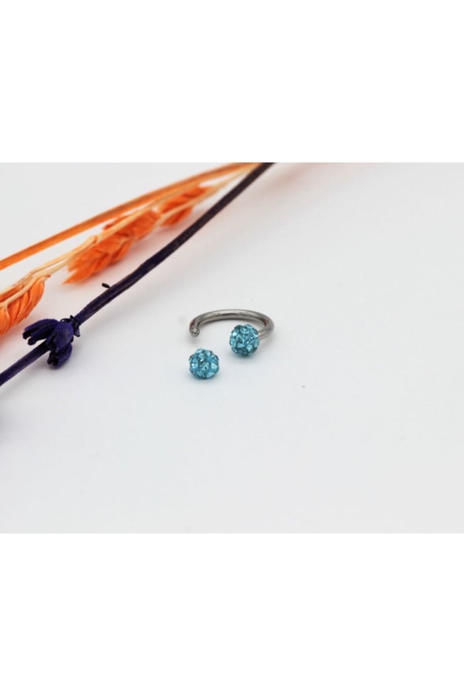 Zirkon Taşlı Piercing | 8 Mm Turkuaz | Kararmaz Çelik | Kıkırdak Tragus Dudak | Çift Toplu
