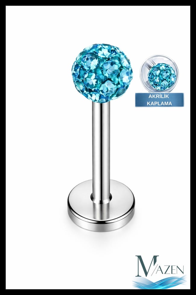 Zirkon Taşlı Piercing | 8 Mm Turkuaz | Kararmaz Çelik | Kıkırdak Tragus Dudak | Tek Toplu