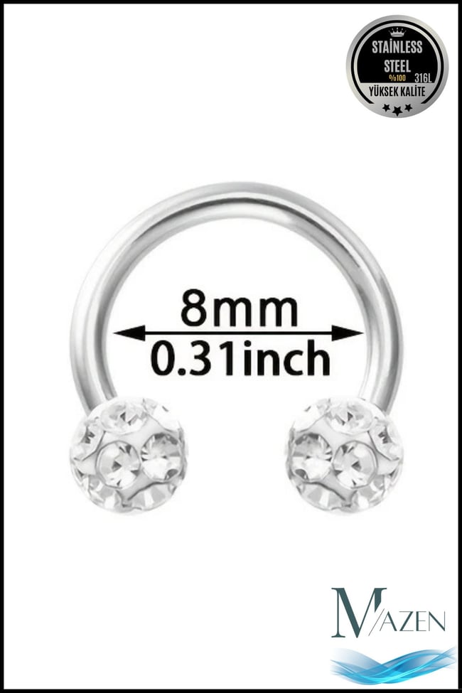 Zirkon Taşlı Piercing | 8 Mm Turkuaz | Kararmaz Çelik | Kıkırdak Tragus Dudak | Çift Toplu