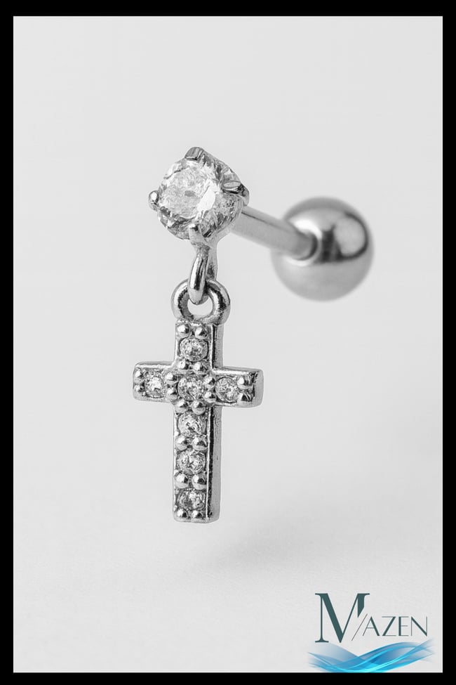 Zirkon Taşlı Sallantılı Haç Model Çelik Tragus Piercing | Kadın Takı Aksesuarı