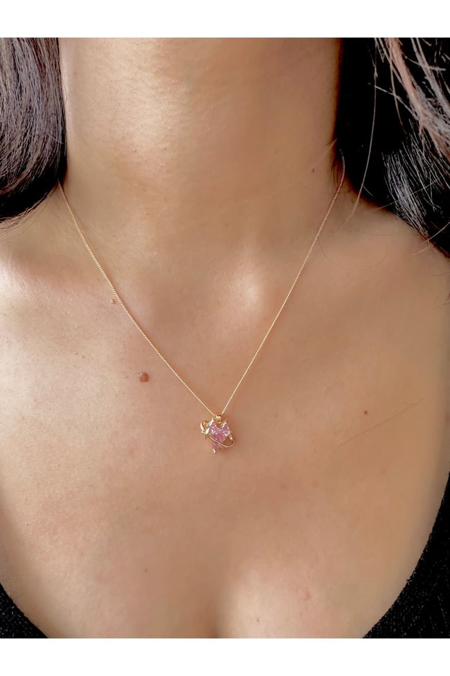 Zirkon Taşlı Satürn Kolye Kalp Taşlı Özel Kaplama Gold Zincirli