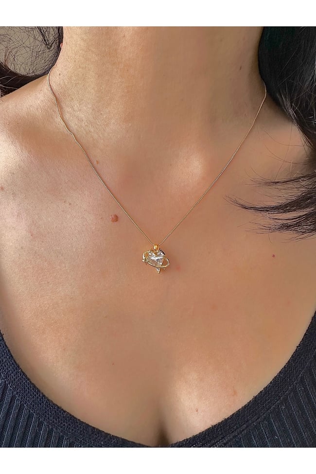 Zirkon Taşlı Satürn Kolye Kalp Taşlı Özel Kaplama Gold Zincirli