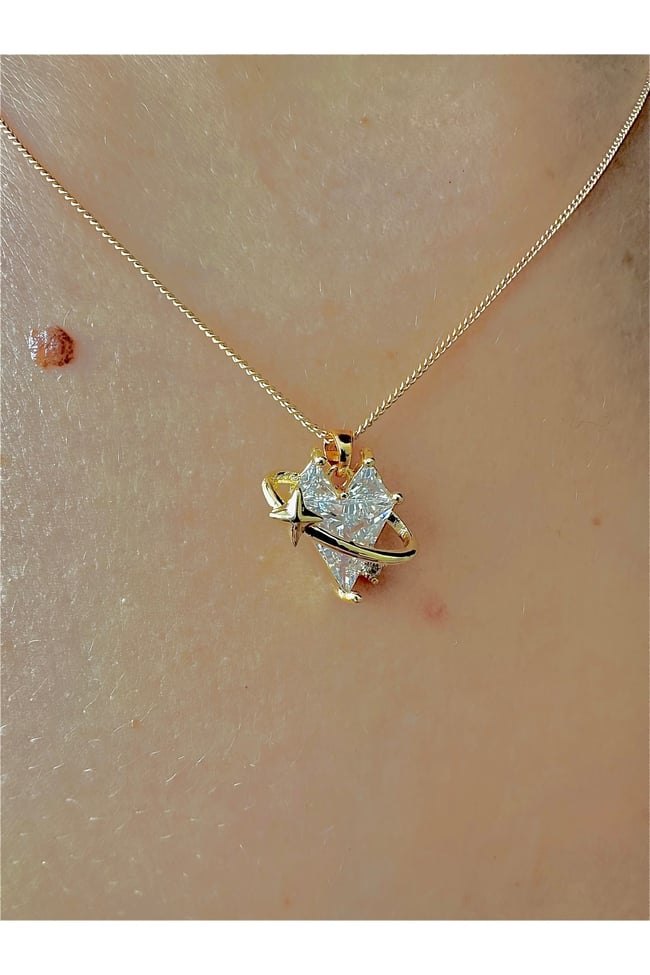 Zirkon Taşlı Satürn Kolye Kalp Taşlı Özel Kaplama Gold Zincirli