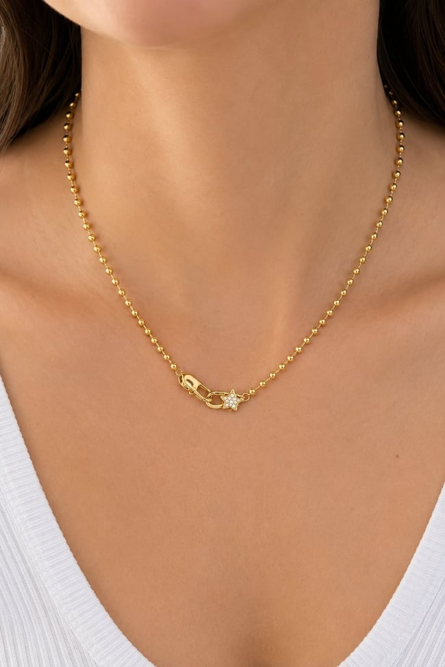 14K Altın Kaplama Özel Seri Kilit Detaylı Yıldız Kolye