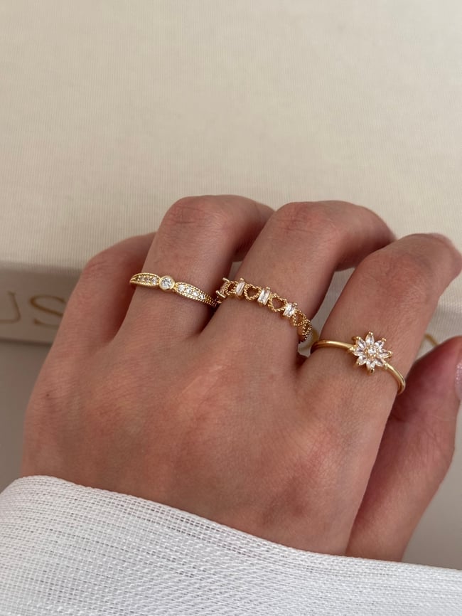3’lü Ayarlanabilir Gold Taşlı Yüzük Seti – Kalp, Damla ve Çiçek Motifli