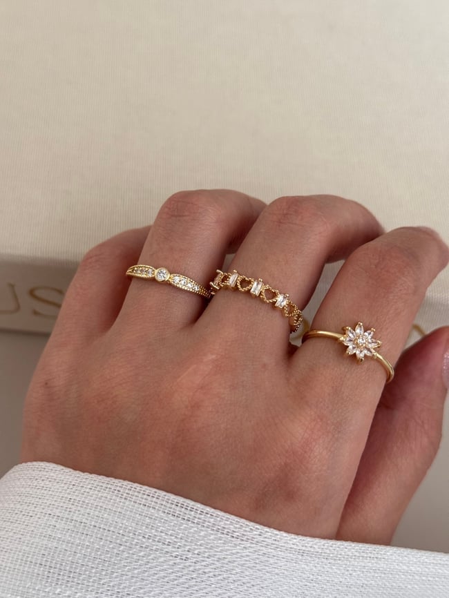 3’lü Ayarlanabilir Gold Taşlı Yüzük Seti – Kalp, Damla ve Çiçek Motifli