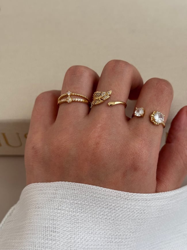3’lü Ayarlanabilir Gold Yüzük Seti – Fiyonk ve Büyük Taş Detaylı