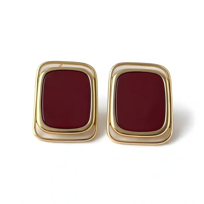 Bordo Kare Taşlı Gold Küpe
