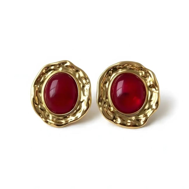 Bordo Taşlı Gold Küpe