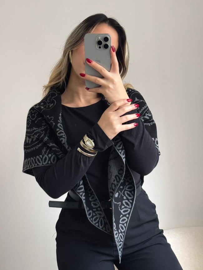 Etknik Desenli Triko Şal Gri Siyah