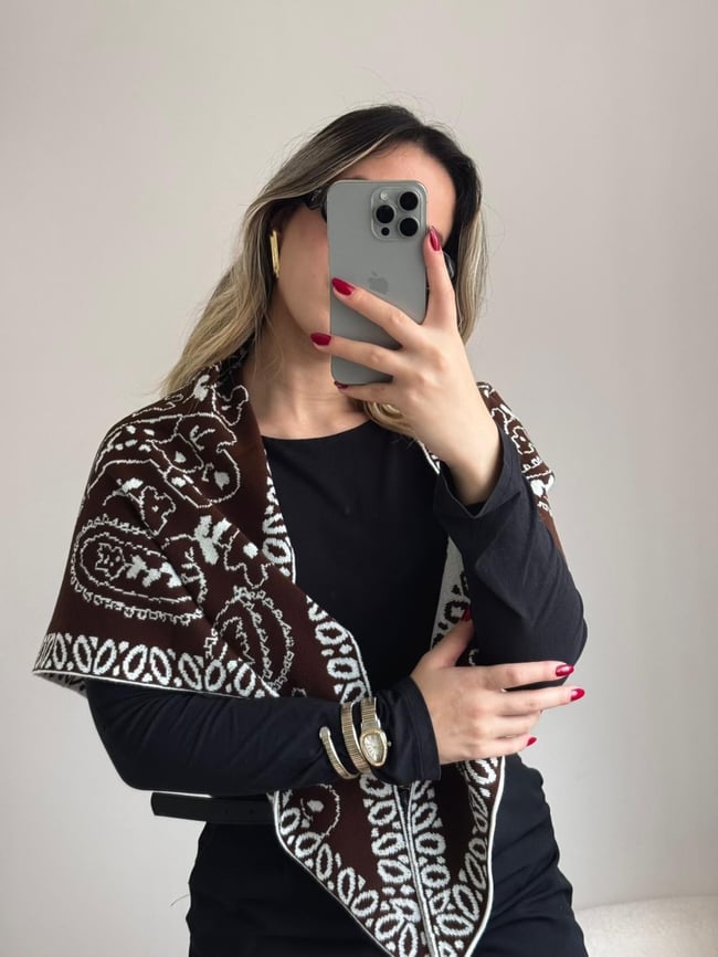 Etnik Desenli Triko Şal Kahverengi Beyaz