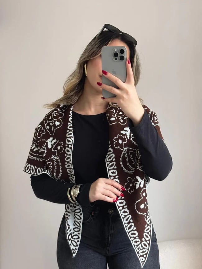 Etnik Desenli Triko Şal Siyah Beyaz