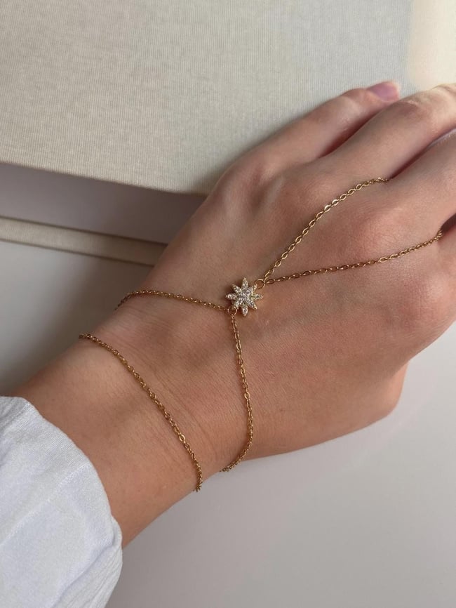 Gold Starburst Hand Chain Bracelet – Dainty Zircon Slave Bracelet, Adjustable Women’s Hand Jewelry Gift
