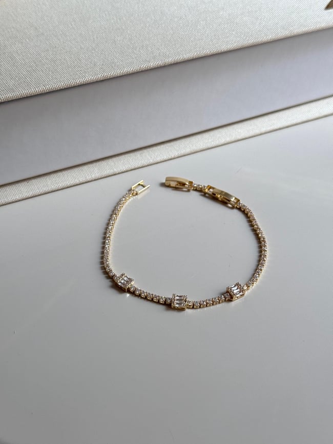 Gold Tennis Bracelet with Baguette Cubic Zirconia – Dainty Crystal Chain Jewelry