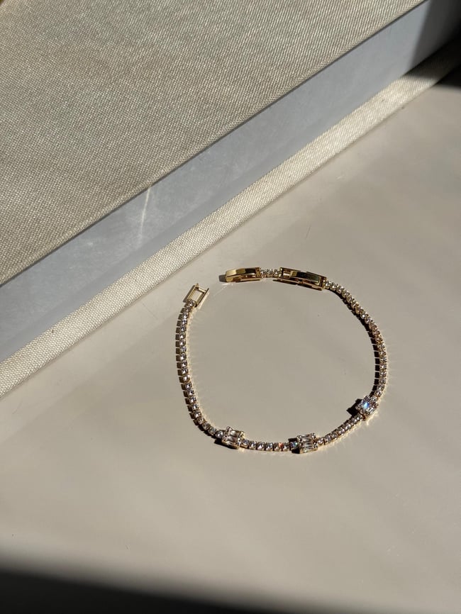 Gold Tennis Bracelet With Baguette Cut Zirconia- Dainty Crystal Chain Bracelet- Elegant Gift For Her