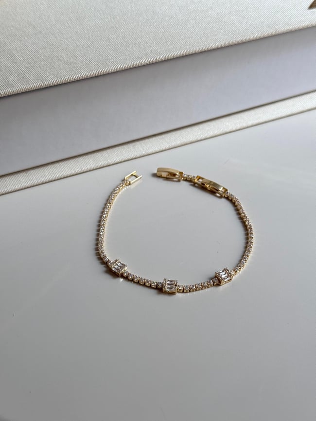 Gold Tennis Bracelet With Baguette Cut Zirconia- Dainty Crystal Chain Bracelet- Elegant Gift For Her