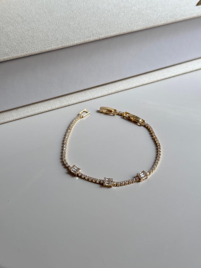 Gold Tennis Bracelet With Baguette Cut Zirconia- Dainty Crystal Chain Bracelet- Elegant Gift For Her