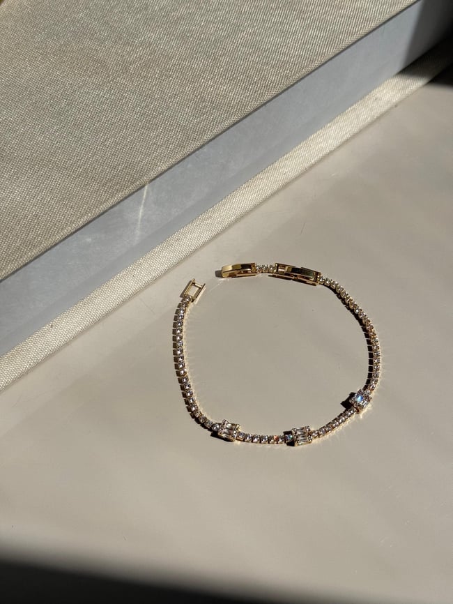 Gold Tennis Bracelet With Baguette Cut Zirconia- Dainty Crystal Chain Bracelet- Elegant Gift For Her