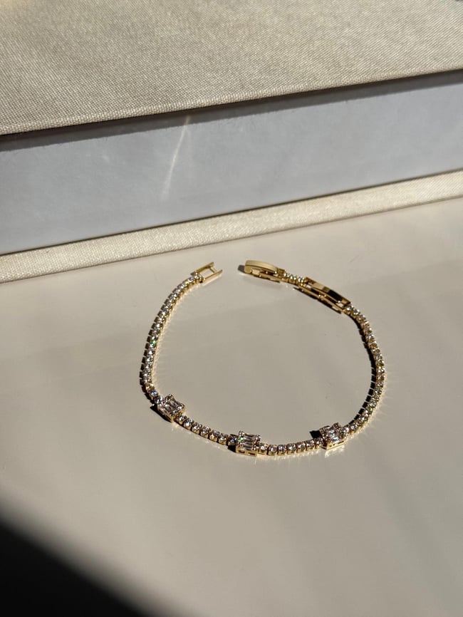 Gold Tennis Bracelet With Baguette Cut Zirconia- Dainty Crystal Chain Bracelet- Elegant Gift For Her