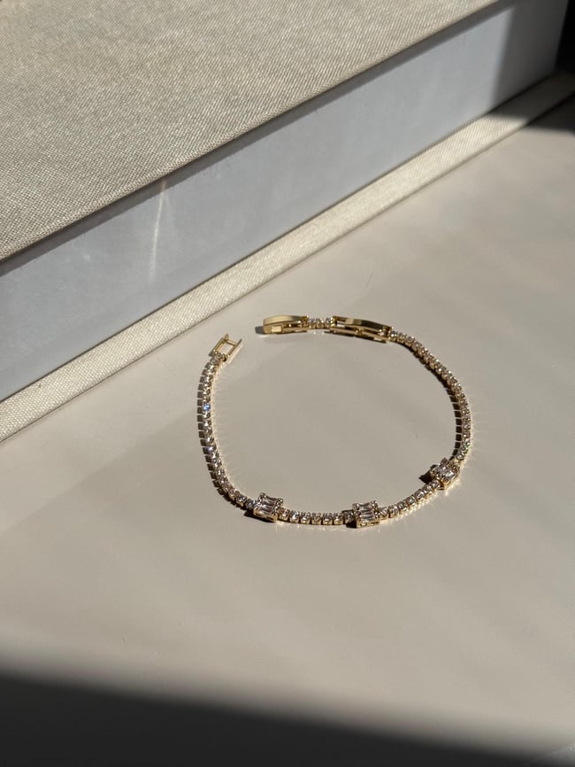 Gold Tennis Bracelet With Baguette Cut Zirconia- Dainty Crystal Chain Bracelet- Elegant Gift For Her