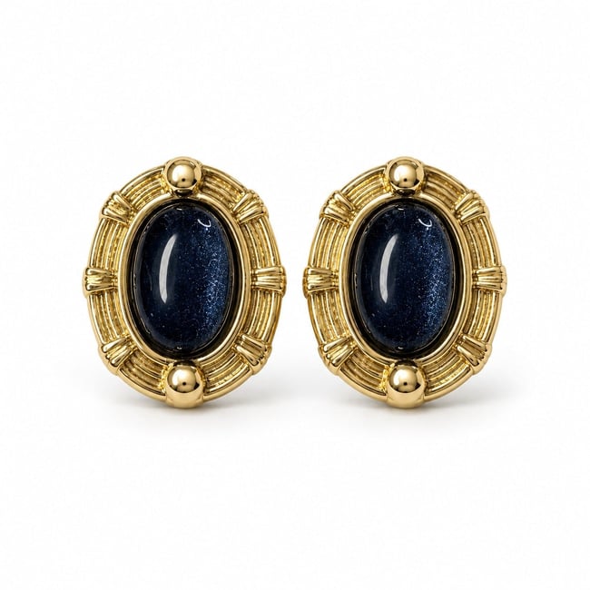 Özel Seri Gece Laciverti Oval Taşlı Küpe