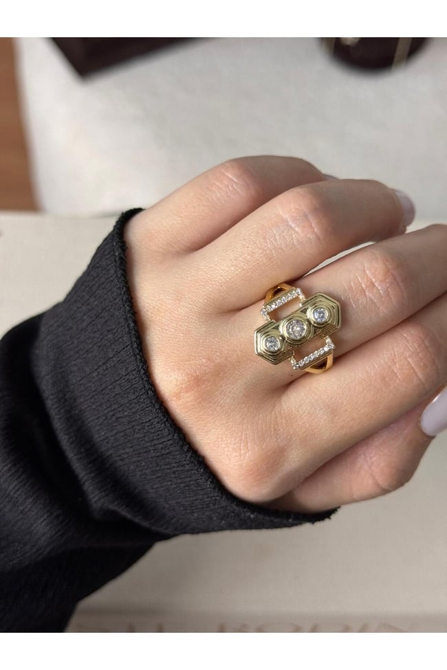 Üç Baget Zirkon Taşlı Ayarlanabilir Yüzük – Paslanmaz Çelik Gold