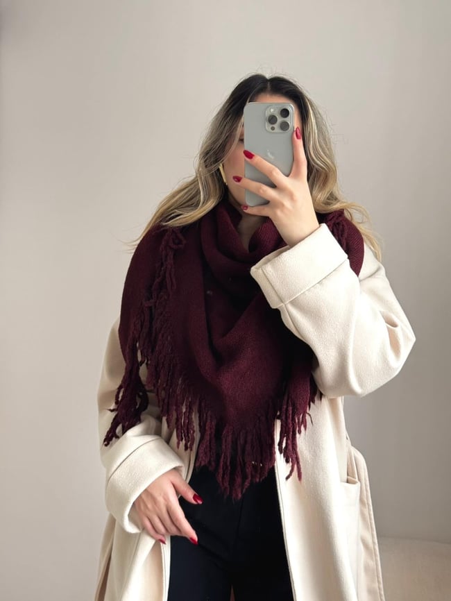 Üçgen Püsküllü Triko Şal Bordo