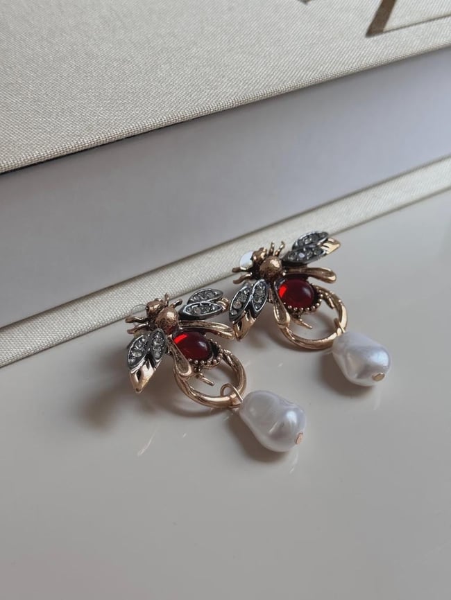 Vintage Bee Pearl Drop Earrings with Red Gem – Gold-Tone Finish Jewelry